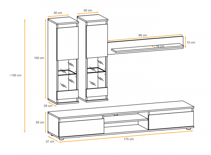 Mobilier Living-sufragerie /camera de zi , gri inchis antracit/stejar artisan  , 175 cm lungime, usi deschidere fara manere, vitrina iluminata led [8]