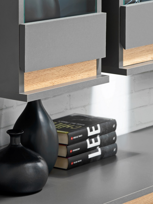 Mobilier Living-sufragerie /camera de zi , gri inchis antracit/stejar artisan  , 175 cm lungime, usi deschidere fara manere, vitrina iluminata led [4]