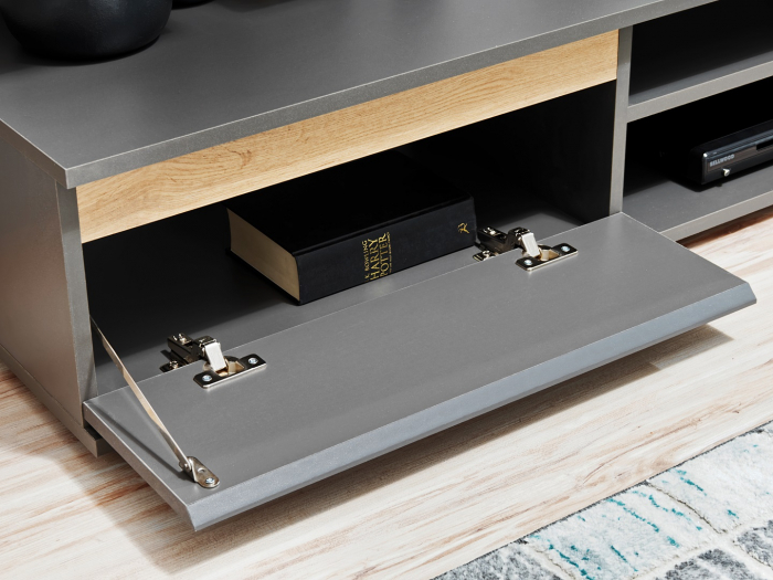 Mobilier Living-sufragerie /camera de zi , gri inchis antracit/stejar artisan  , 175 cm lungime, usi deschidere fara manere, vitrina iluminata led [6]