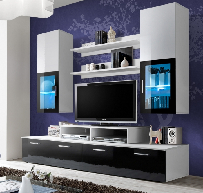 Mobilier living /sufragerie moderna, 200 cm lungime, alb lucios/negru lucios/alb,  mdf, led, vitrina neagra, Bortis [2]