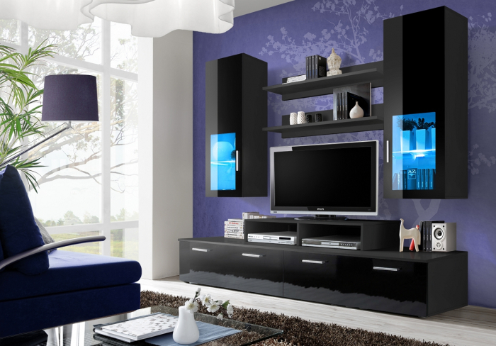Mobilier living /sufragerie moderna, 200 cm lungime, negru lucios/negru, led, vitrina neagra, [2]
