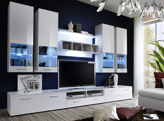 Mobilier living /sufragerie moderna, 300 cm lungime, alb lucios/alb, mdf, led, vitrina, Bortis [2]