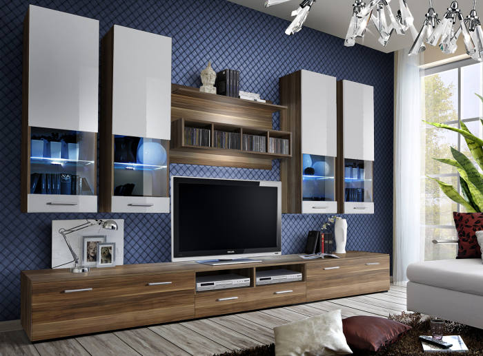 Mobilier living /sufragerie moderna, 300 cm lungime, alb lucios/nuc,pvc, abs, led, vitrina, [2]