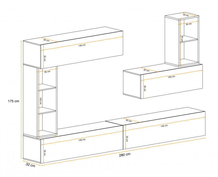 Mobilier Living suspendat, 280 cm lungime , alb lucios pvc/alb mat carcasa, usi deschidere push open/prin apasare, [3]