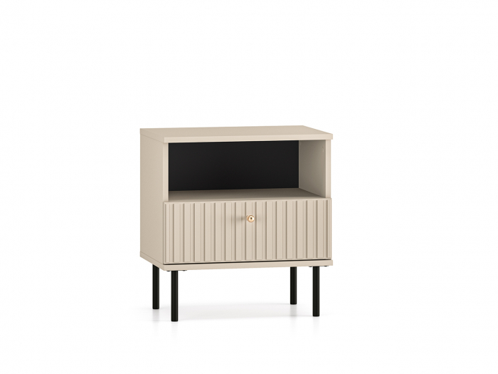 Noptiera cu 1 sertar, casmir beige crem, mdf model riflaj la sertar, maner buton auriu, 53x50x34 cm , picioare negre [4]