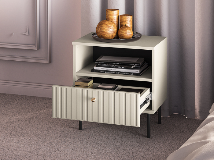 Noptiera cu 1 sertar, casmir beige crem, mdf model riflaj la sertar, maner buton auriu, 53x50x34 cm , picioare negre [8]