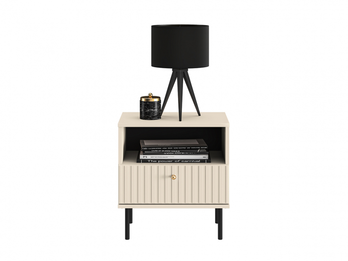 Noptiera cu 1 sertar, casmir beige crem, mdf model riflaj la sertar, maner buton auriu, 53x50x34 cm , picioare negre [3]