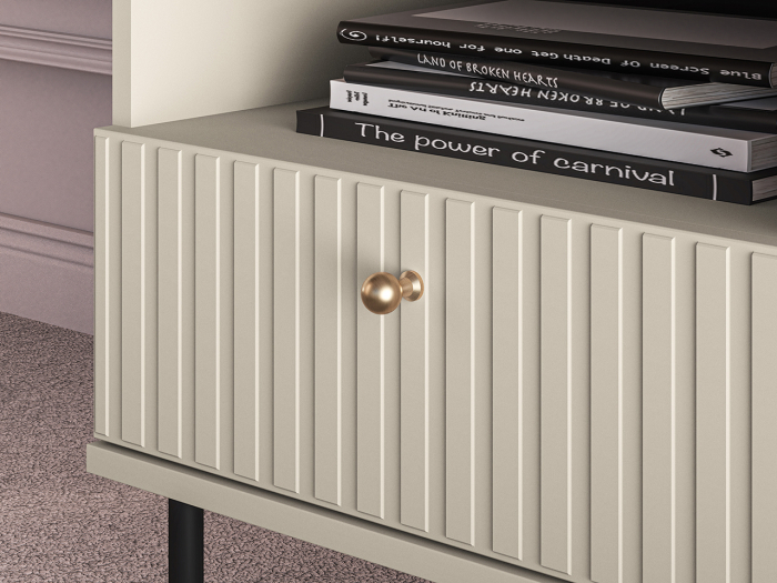 Noptiera cu 1 sertar, casmir beige crem, mdf model riflaj la sertar, maner buton auriu, 53x50x34 cm , picioare negre [7]