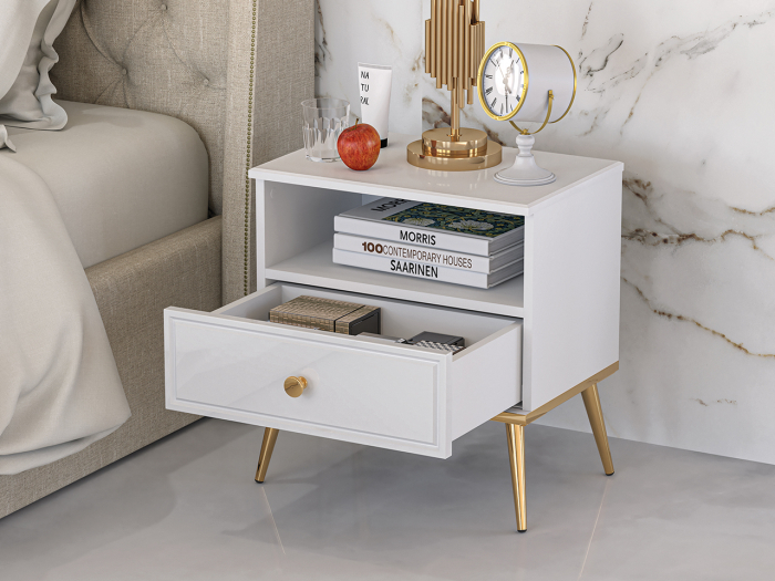 Noptiera dormitor , alb/mdf lucios/auriu, cu 1 sertar si spatiu gol,  picioare, buton auriu, 54x50x34 cm, [2]