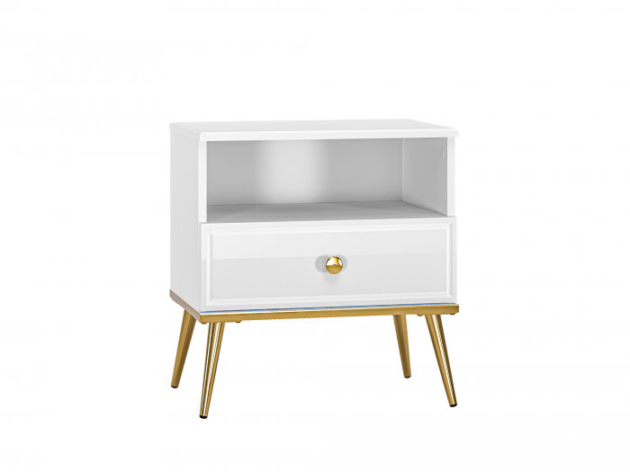Noptiera dormitor , alb/mdf lucios/auriu, cu 1 sertar si spatiu gol,  picioare, buton auriu, 54x50x34 cm, [4]