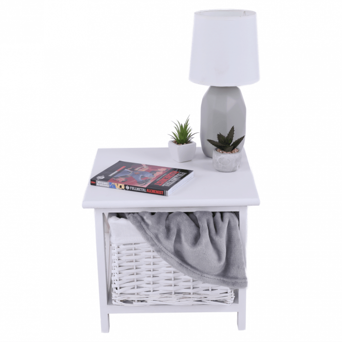 Noptieră, lemn/răchită/material textil, alb, RAFAELLO [8]