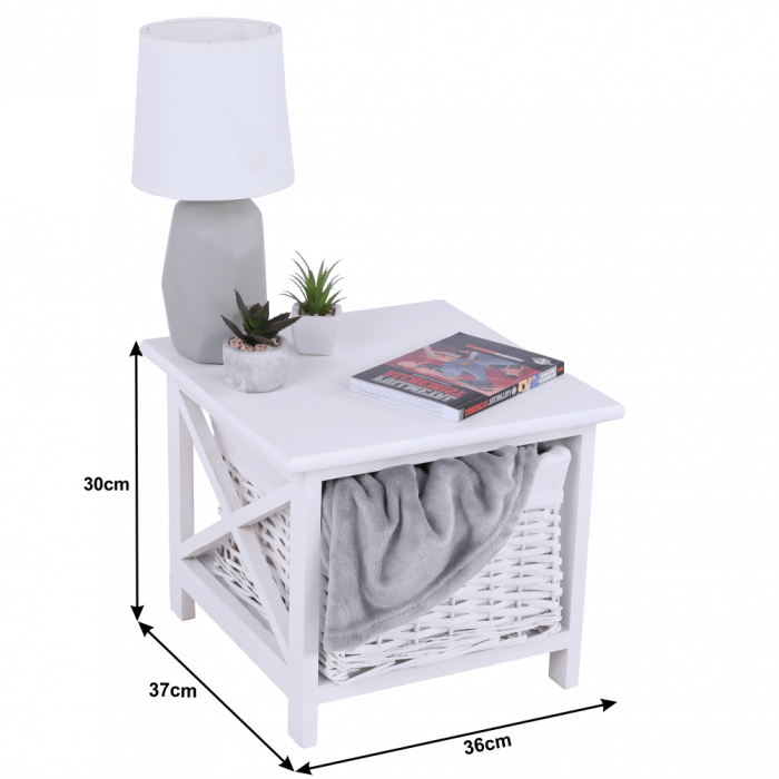 Noptieră, lemn/răchită/material textil, alb, RAFAELLO [6]