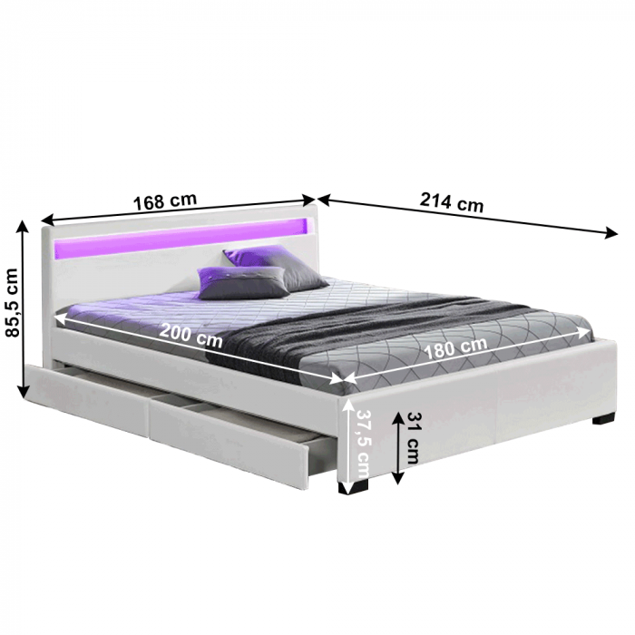 Oferta! Pat tapitat cu saltea pocket inclusa 18 cm grosime, 160x200 , piele eco alb, cu  led si sertar, suport saltea si saltea 18 cm grosime ,arcuri individuale cu husa detasabila [2]