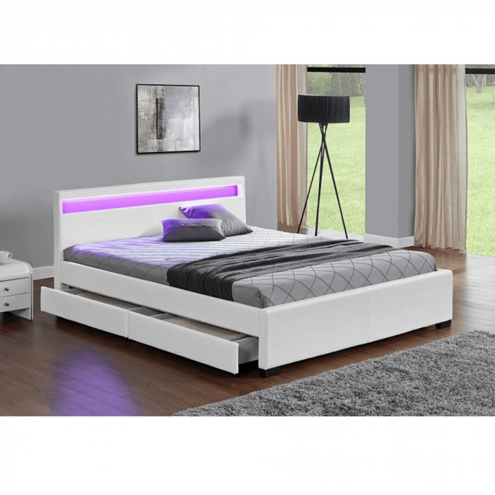 Oferta! Pat tapitat cu saltea pocket inclusa 18 cm grosime, 160x200 , piele eco alb, cu  led si sertar, suport saltea si saltea 18 cm grosime ,arcuri individuale cu husa detasabila [3]