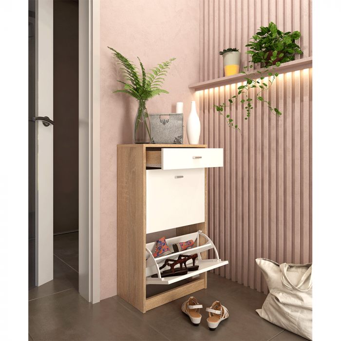 Pantofar 2 compartimente cu sertar, alb/stejar sonoma, VIVAT NEW TYP 1 [2]