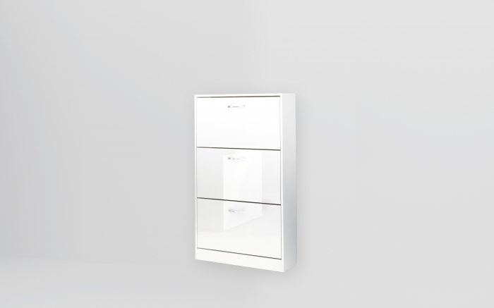 Pantofar cu 3 usi rabatabile, alb/alb lucios, cu suporturi duble pentru incaltaminte, 70x120x23 cm [2]