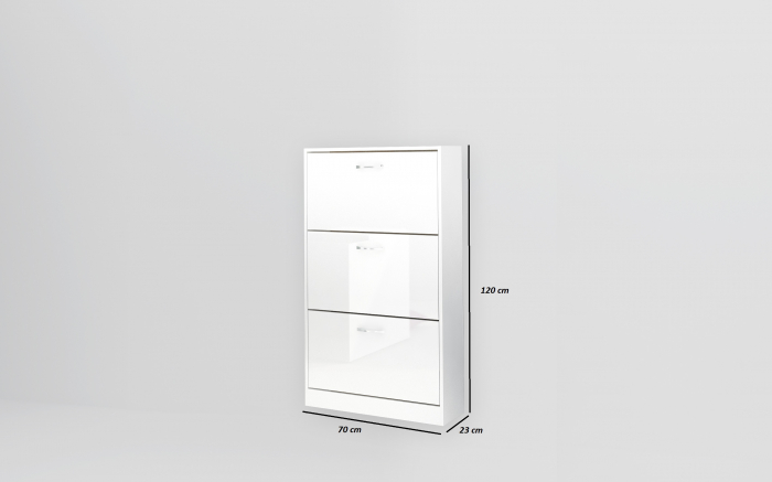 Pantofar cu 3 usi rabatabile, alb/alb lucios, cu suporturi duble pentru incaltaminte, 70x120x23 cm [3]