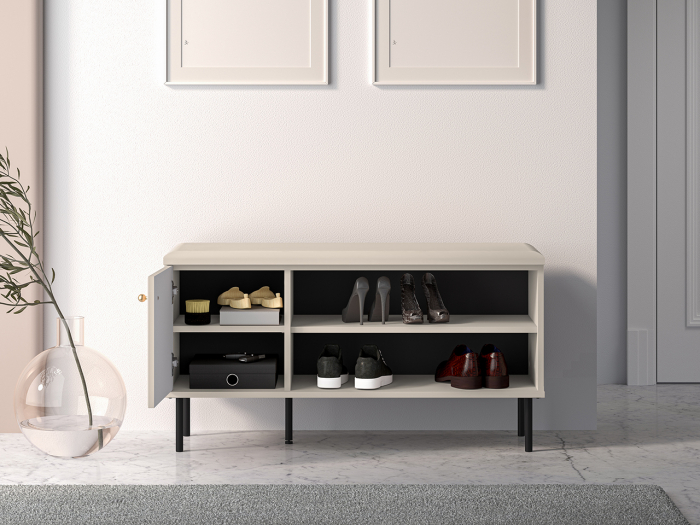 Pantofar/dulap pantofi hol, 1 usa si raft ,bej crem casmir, pal+mdf casmir , 102x 55x34 cm, usa mdf cu model riflaj, picioare negre, butoni auriu, Bortis [7]