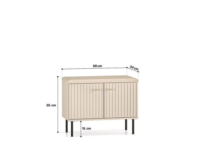 Pantofar/dulap pantofi hol, 2 usi si raft ,bej crem casmir, pal+mdf casmir , 68x 55x34 cm, usa mdf cu model riflaj, picioare negre, butoni auriu, Bortis [2]