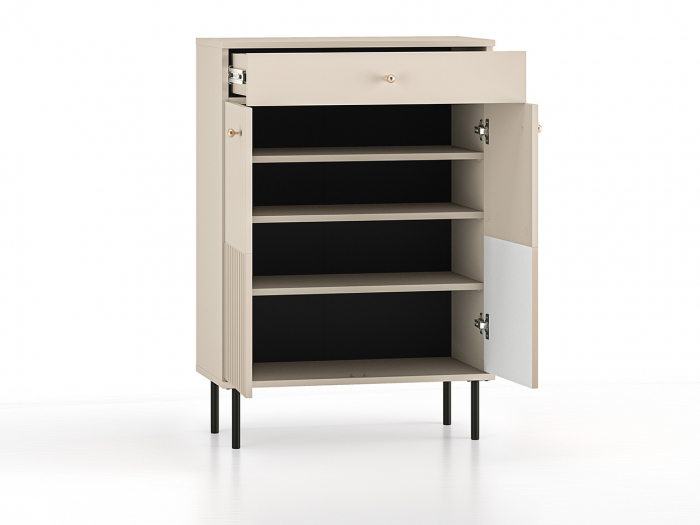 Pantofar/dulap pantofi hol, cu 2 usi  si sertar,bej crem casmir, pal+mdf casmir , 98x68x34 cm, usa mdf cu model riflaj, picioare negre, butoni auriu, Bortis [4]