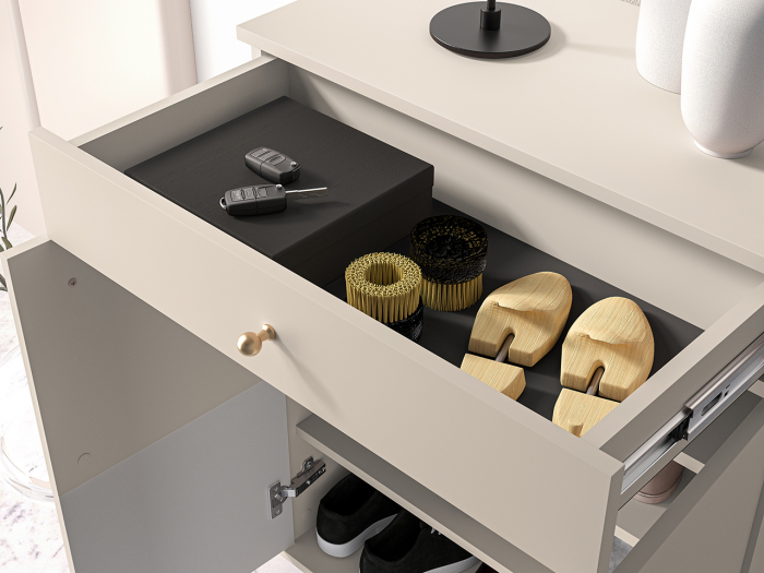 Pantofar/dulap pantofi hol, cu 2 usi  si sertar,bej crem casmir, pal+mdf casmir , 98x68x34 cm, usa mdf cu model riflaj, picioare negre, butoni auriu, Bortis [8]