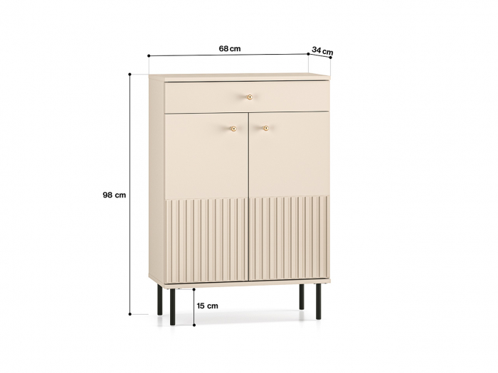 Pantofar/dulap pantofi hol, cu 2 usi  si sertar,bej crem casmir, pal+mdf casmir , 98x68x34 cm, usa mdf cu model riflaj, picioare negre, butoni auriu, Bortis [3]