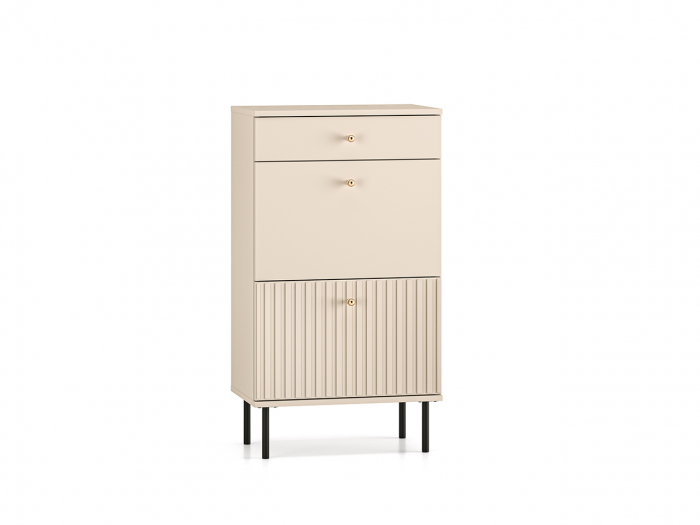 Pantofar/dulap pantofi hol, cu usi rabatabile si sertar,bej crem casmir,  pal+mdf casmir , 98x 55x34 cm, usa mdf cu model riflaj, picioare negre, butoni auriu, Bortis [4]