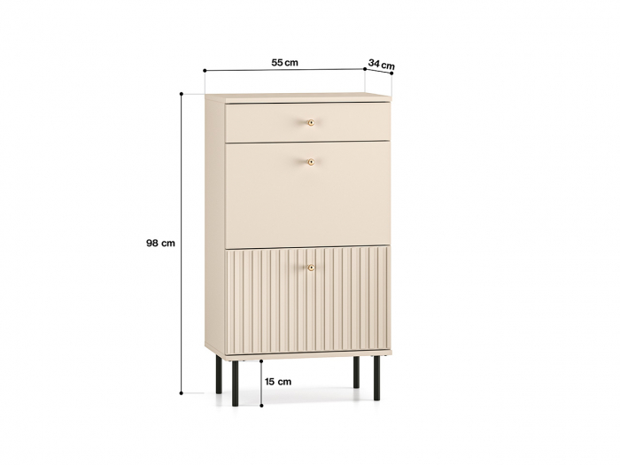 Pantofar/dulap pantofi hol, cu usi rabatabile si sertar,bej crem casmir,  pal+mdf casmir , 98x 55x34 cm, usa mdf cu model riflaj, picioare negre, butoni auriu, Bortis [2]