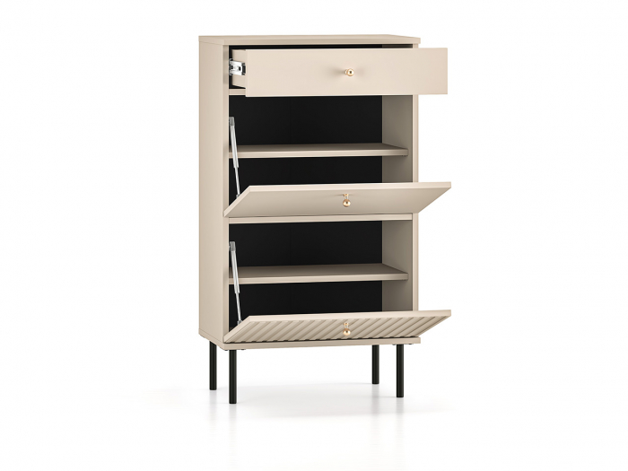 Pantofar/dulap pantofi hol, cu usi rabatabile si sertar,bej crem casmir,  pal+mdf casmir , 98x 55x34 cm, usa mdf cu model riflaj, picioare negre, butoni auriu, Bortis [3]