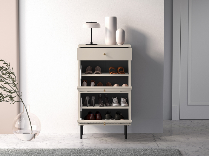 Pantofar/dulap pantofi hol, cu usi rabatabile si sertar,bej crem casmir,  pal+mdf casmir , 98x 55x34 cm, usa mdf cu model riflaj, picioare negre, butoni auriu, Bortis [8]