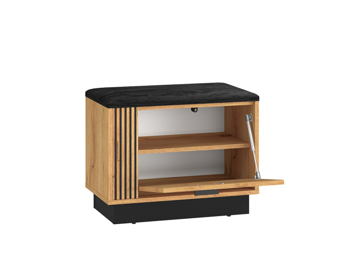Pantofar/dulap pantofi hol, stil bancuta -tapitata partea de sus, 1 usa , stejar craft+negru, pal , 60x 49x34 cm, insertie negru model riflaj [6]