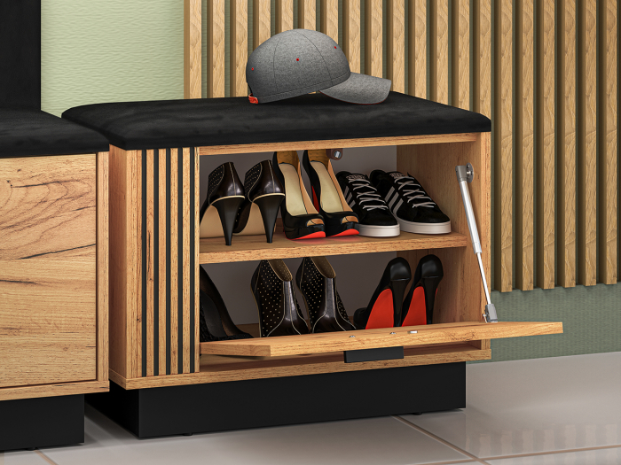 Pantofar/dulap pantofi hol, stil bancuta -tapitata partea de sus, 1 usa , stejar craft+negru, pal , 60x 49x34 cm, insertie negru model riflaj [5]