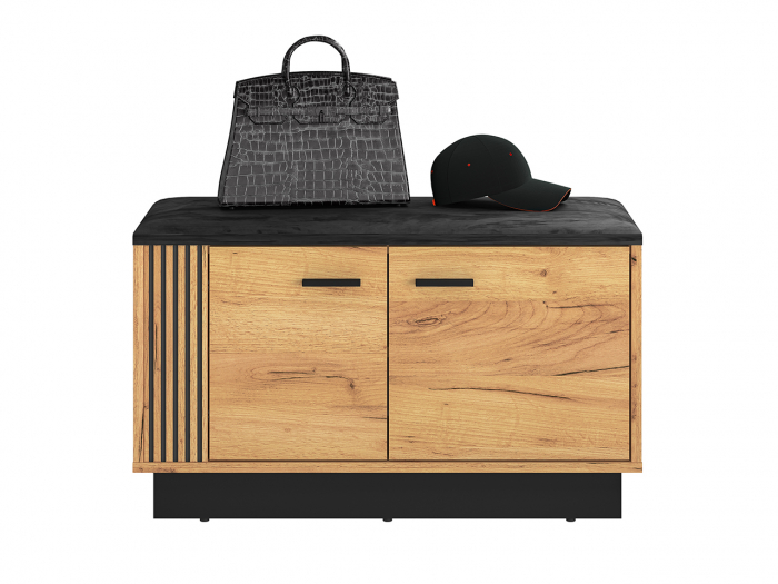 Pantofar/dulap pantofi hol, stil bancuta -tapitata partea de sus,  2 usi , stejar craft+negru, pal , 80x 49x34 cm, insertie negru model riflaj [5]