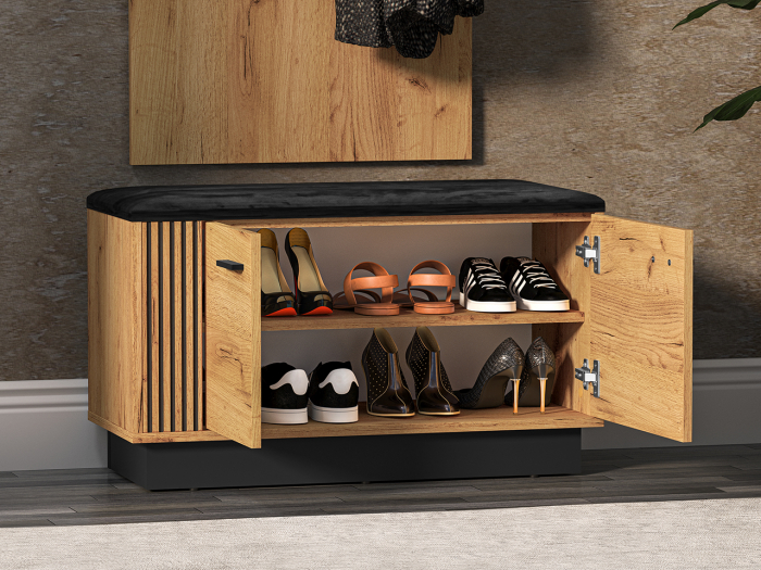 Pantofar/dulap pantofi hol, stil bancuta -tapitata partea de sus,  2 usi , stejar craft+negru, pal , 80x 49x34 cm, insertie negru model riflaj [3]