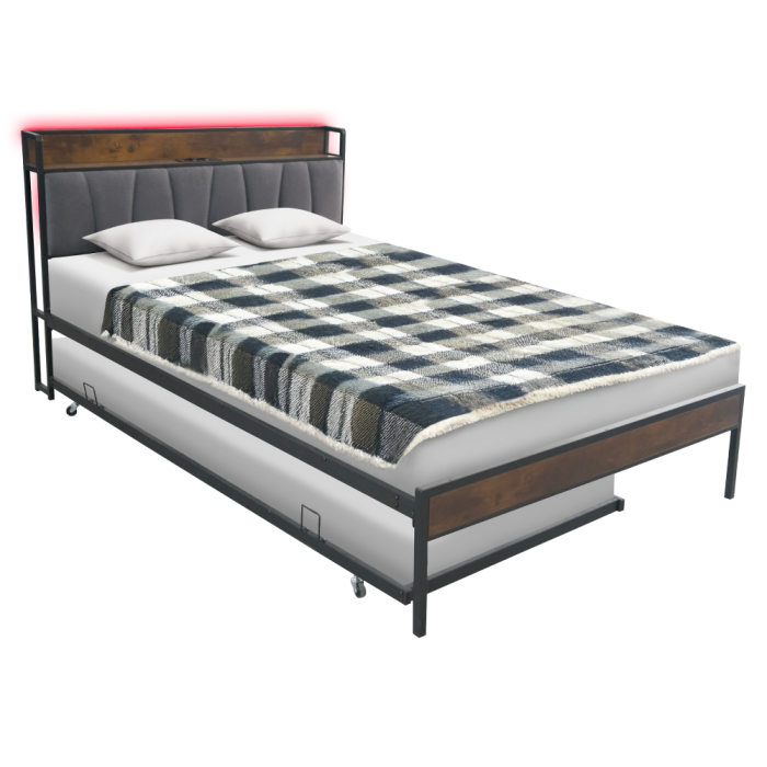 Pat cu pat cu somieră şi pat suplimentar extensibil, 140x200, negru/gri, NORDO [14]