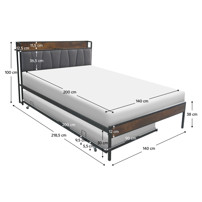 Pat cu pat cu somieră şi pat suplimentar extensibil, 140x200, negru/gri, NORDO [15]