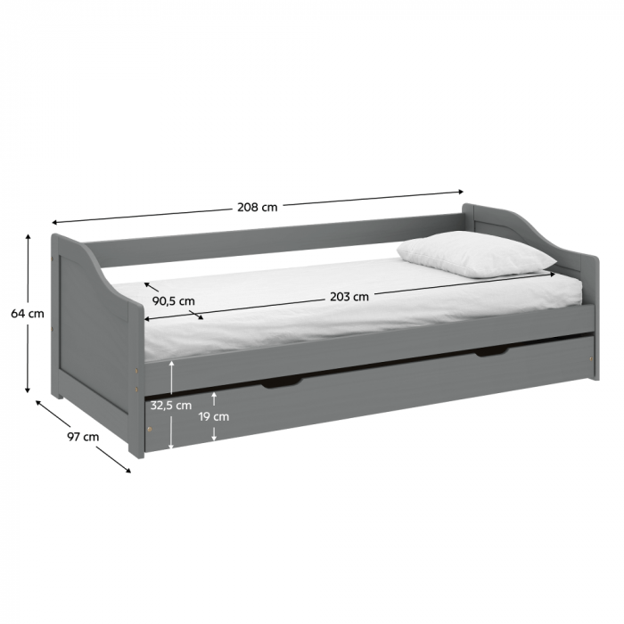 Pat cu pat suplimentar extensibil, gri, lemn masiv, 90x200, LAURA NEW [2]