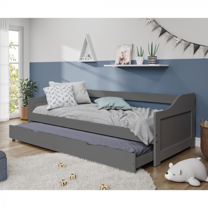 Pat cu pat suplimentar extensibil, gri, lemn masiv, 90x200, LAURA NEW [4]