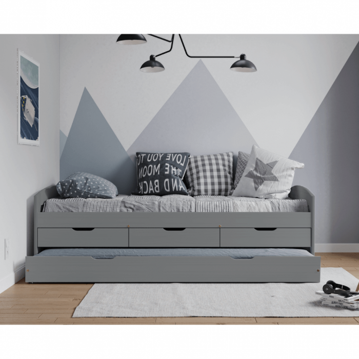 Pat cu pat suplimentar extensibil, gri, lemn masiv, 90x200, MARINELLA NEW [4]