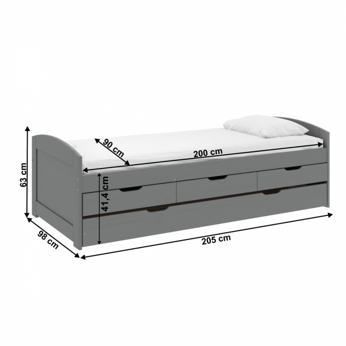 Pat cu pat suplimentar extensibil, gri, lemn masiv, 90x200, MARINELLA NEW [5]