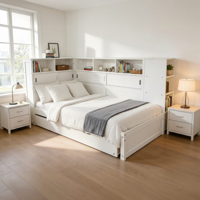 Pat cu rafturi şi pat suplimentar, alb, 90x200, LENDON [7]