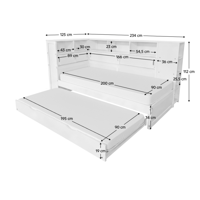 Pat cu rafturi şi pat suplimentar, alb, 90x200, LENDON [2]