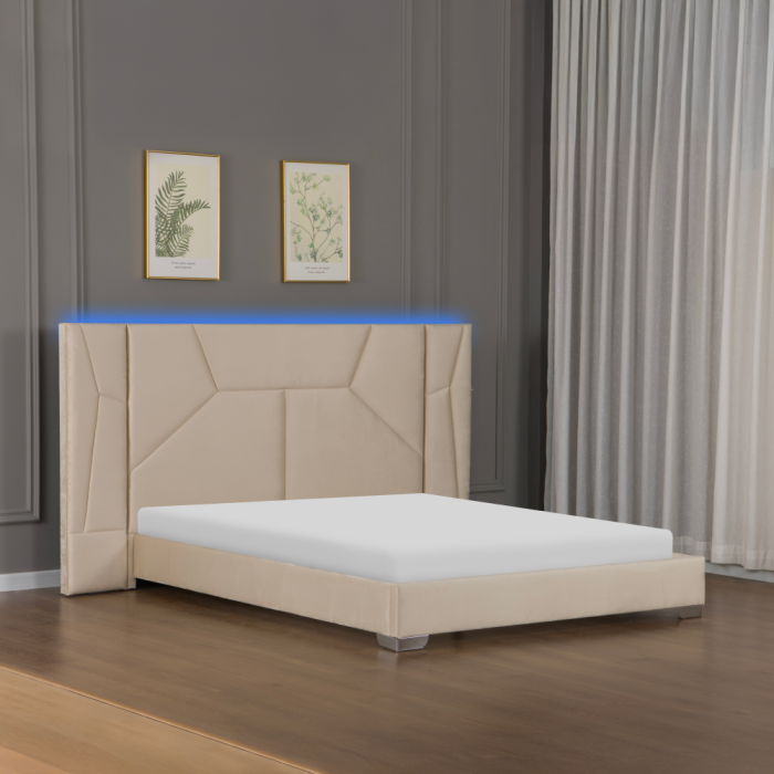 Pat cu somieră şi iluminare LED, 160x200, ţesătură Velvet bej, ALTESA [11]