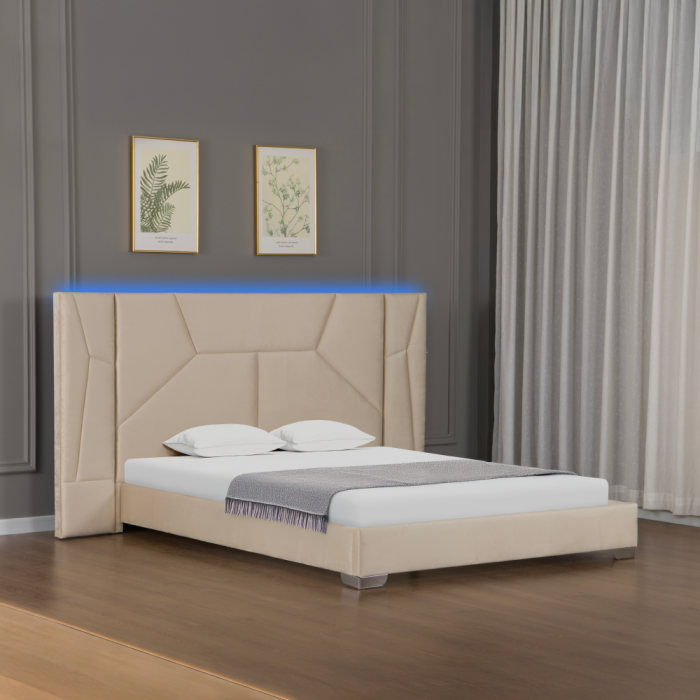 Pat cu somieră şi iluminare LED, 160x200, ţesătură Velvet bej, ALTESA [12]
