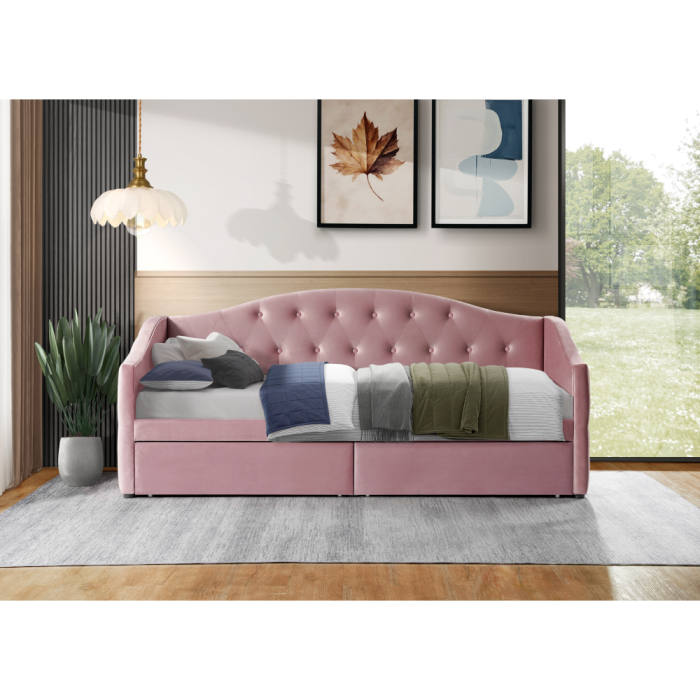 Pat cu spaţiu de depozitare, 90x200, ţesătură Velvet roz, ZASKA [7]