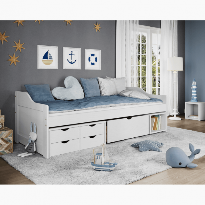 Pat cu spaţiu de depozitare, alb, lemn masiv, 90x200, MAXI NEW [4]