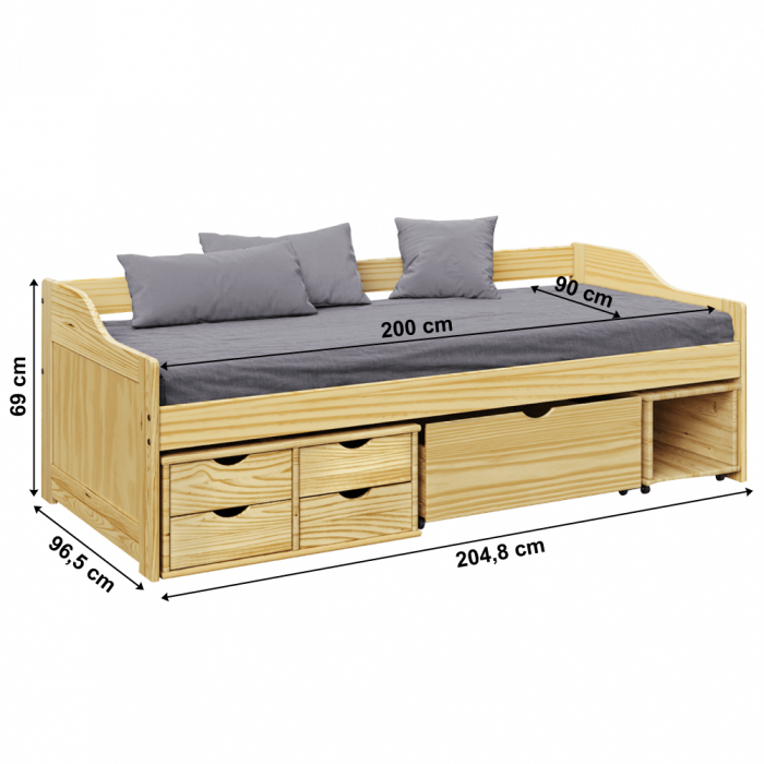Pat cu spaţiu de depozitare, natural, lemn masiv, 90x200, MAXI NEW [6]