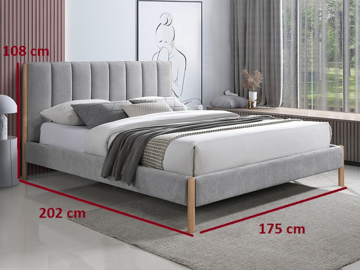 Pat dormitor tapitat ,dublu, stofa textil catifelata gri deschis, 160x200, suport saltea fix inclus, pe picioare, tablie matalasata, Bortis [2]
