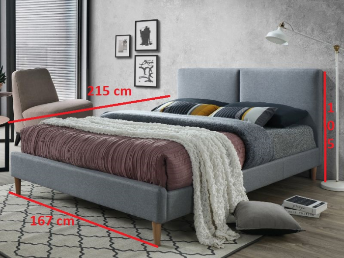 Pat dormitor tapitat ,dublu, stofa textil gri, 160x200, suport saltea fix inclus, pe picioare, Bortis [2]