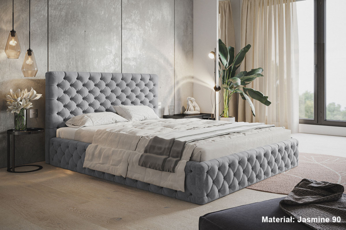 Pat dublu dormitor, tapitat culoare stofa gri , 160x200, matlasat, elegant cu somiera rabatabila, cu lada, robust, Bortis [2]
